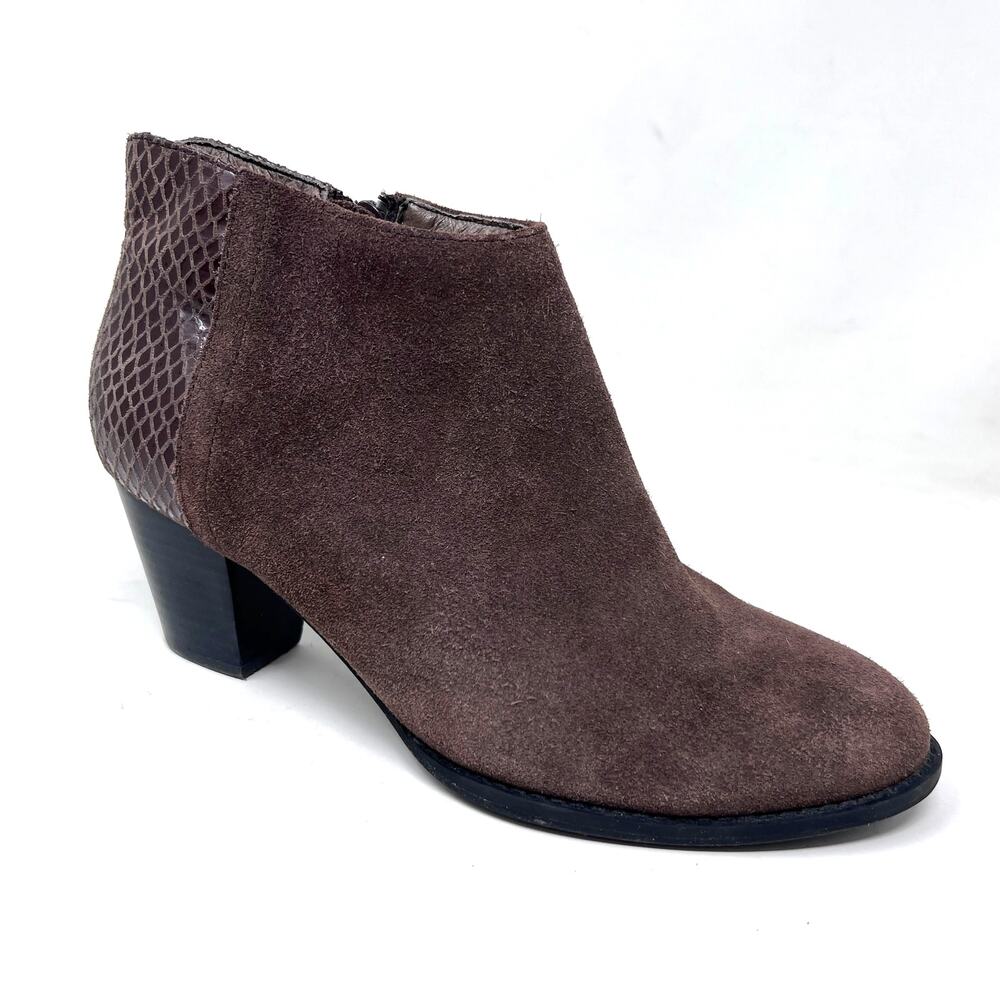 Vionic Boot Womens 8 Bromley Ankle Bootie‎ Brown Suede Snake Heel Side Zip